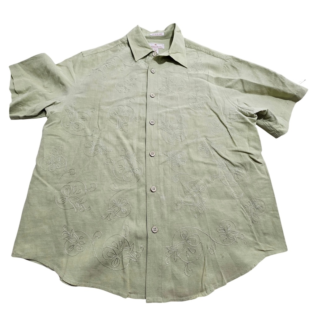 Paradise Collection Shirt Large Green Linen Silk Floral Embroidered Short Sleeve